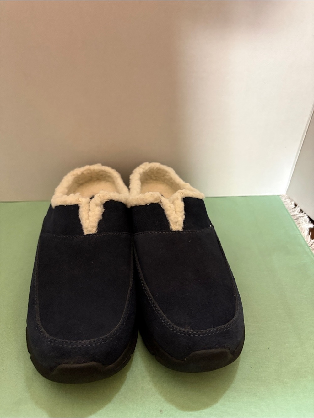 Lands' End Navy Suede Mule with Cream Sherpa Collar